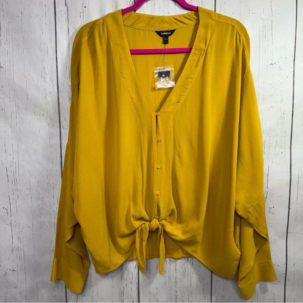 Express Mustard Yellow Tie Front Button Blouse Size L Minimalist Modern Fall